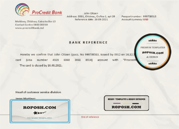 Moldova ProCredit Bank bank account closure reference letter template in Word and PDF format