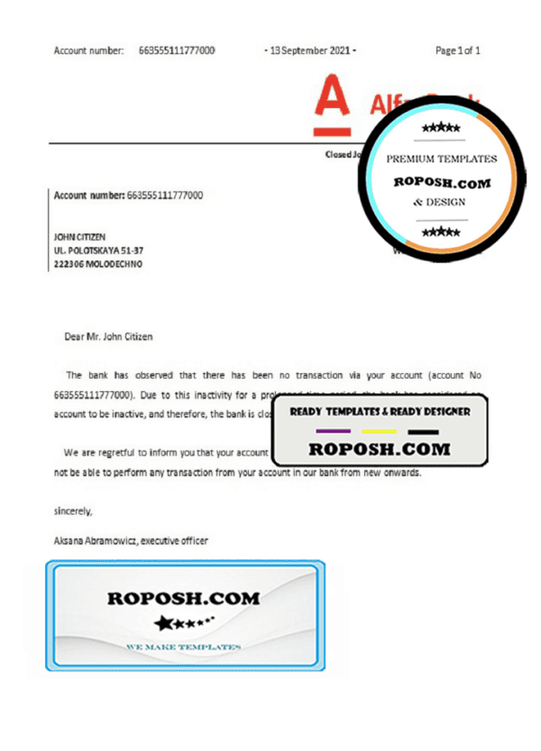 Belarus Alfa bank account closure reference letter template in Word and PDF format