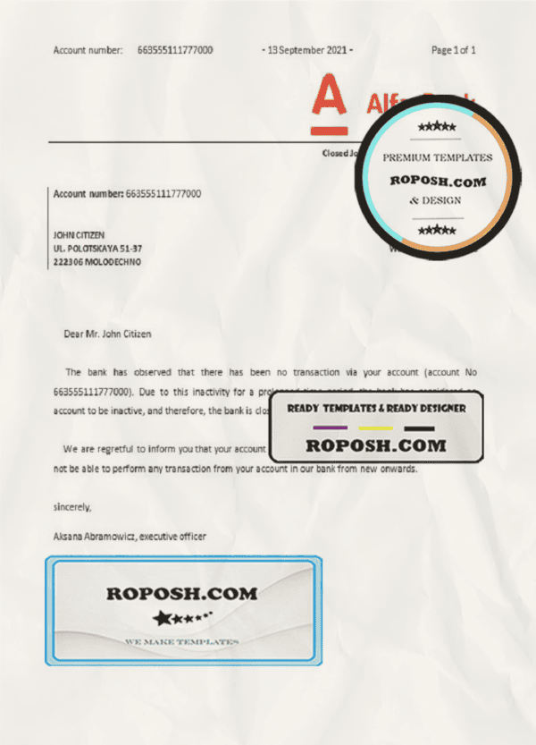 Belarus Alfa bank account closure reference letter template in Word and PDF format
