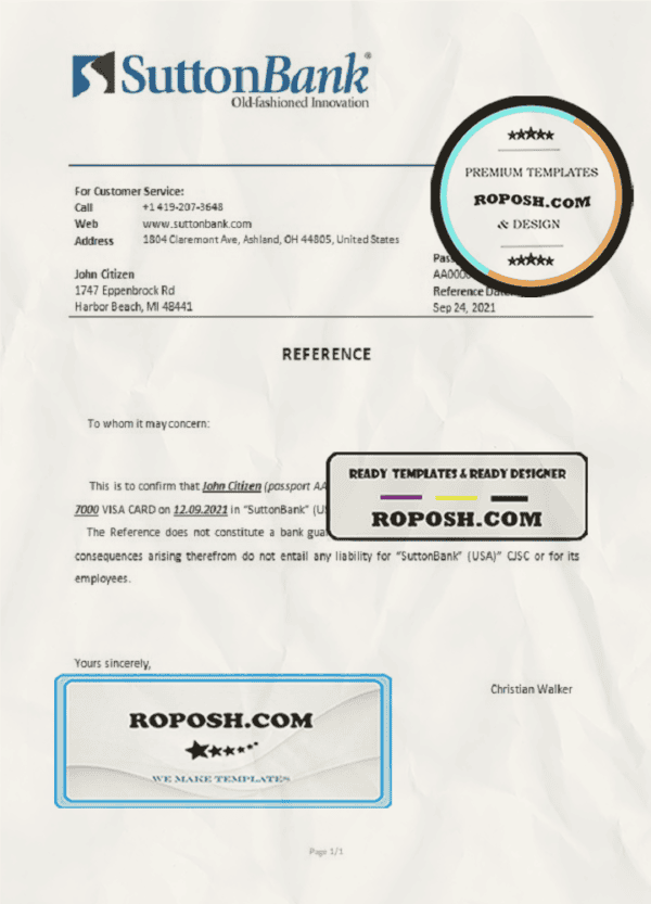 USA Sutton Bank bank account closure reference letter template in Word and PDF format