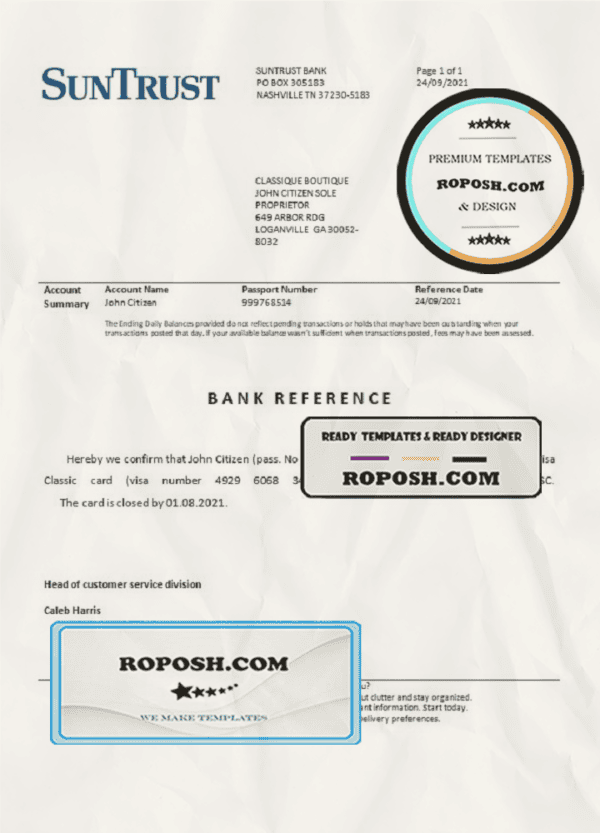 USA SunTrust bank account closure reference letter template in Word and PDF format