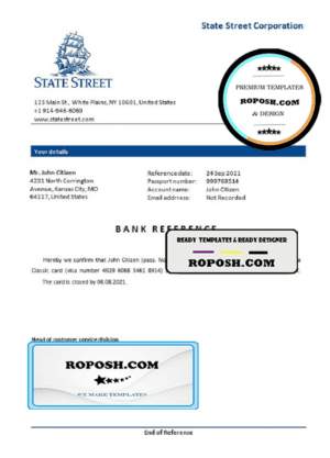 USA State Street bank account closure reference letter template in Word and PDF format
