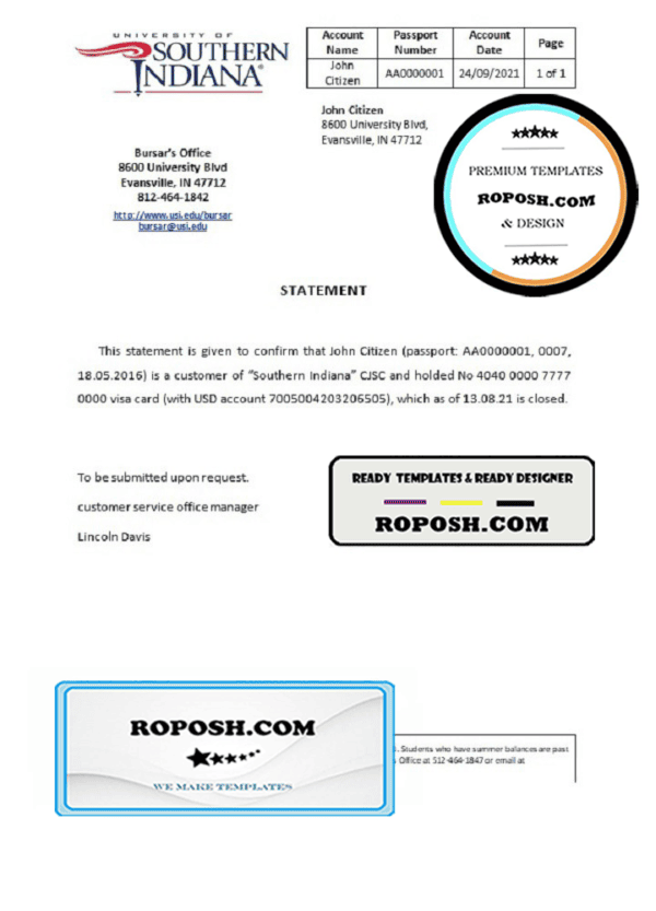 USA Southern Indiana bank account closure reference letter template in Word and PDF format