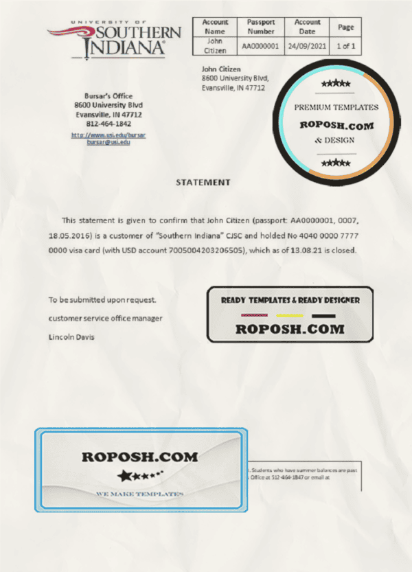 USA Southern Indiana bank account closure reference letter template in Word and PDF format