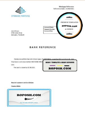 USA Springside Mortgage bank account closure reference letter template in Word and PDF format