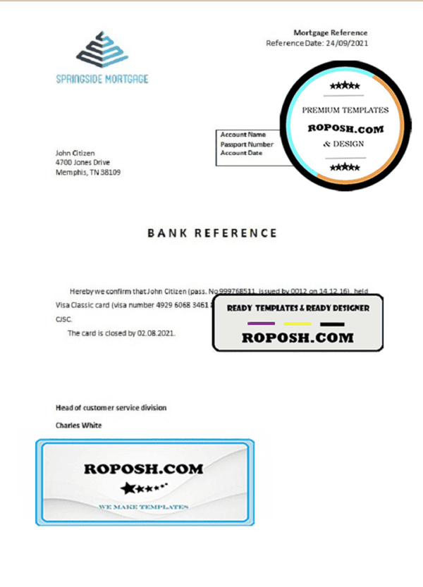 USA Springside Mortgage bank account closure reference letter template in Word and PDF format
