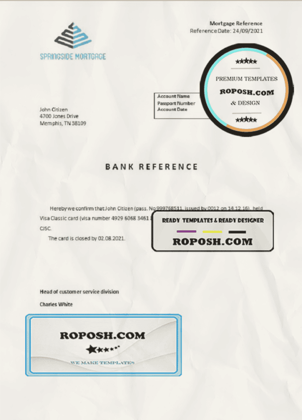 USA Springside Mortgage bank account closure reference letter template in Word and PDF format