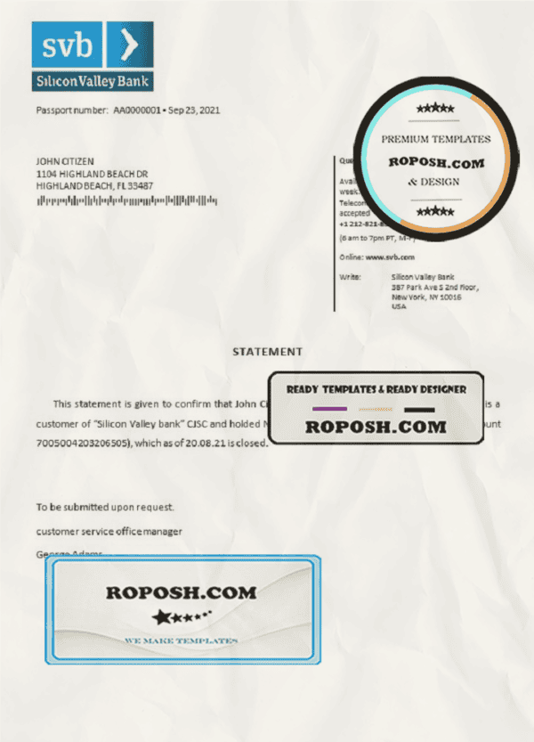 USA Silicon Valley Bank bank account closure reference letter template in Word and PDF format
