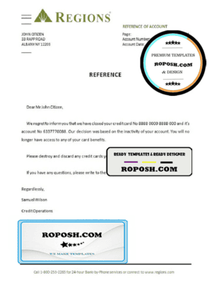 USA Regions bank account closure reference letter template in Word and PDF format