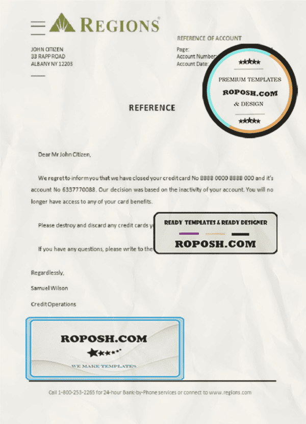 USA Regions bank account closure reference letter template in Word and PDF format