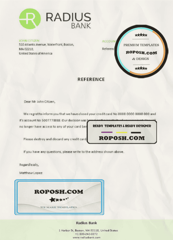 USA Radius bank account closure reference letter template in Word and PDF format