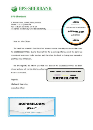 Belarus BPS-SBERBANK bank account closure reference letter template in Word and PDF format