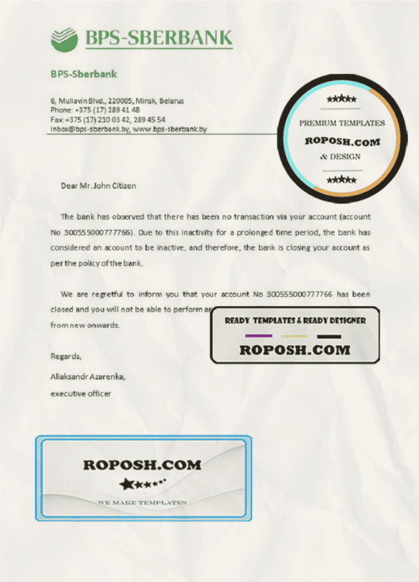 Belarus BPS-SBERBANK bank account closure reference letter template in Word and PDF format