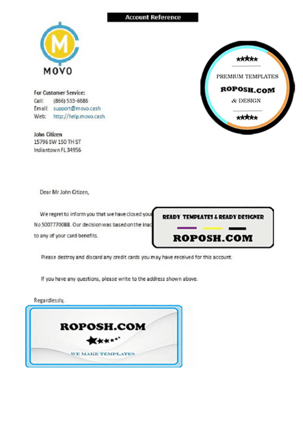 USA Movo bank account closure reference letter template in Word and PDF format