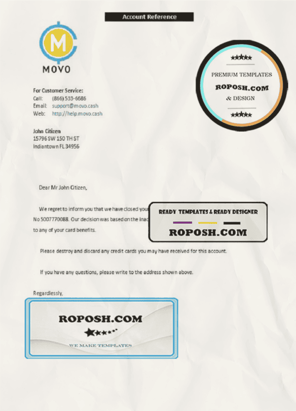 USA Movo bank account closure reference letter template in Word and PDF format