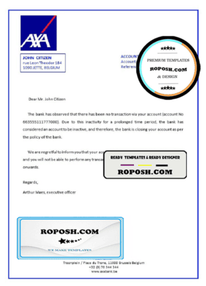 Belgium AXA bank account closure reference letter template in Word and PDF format