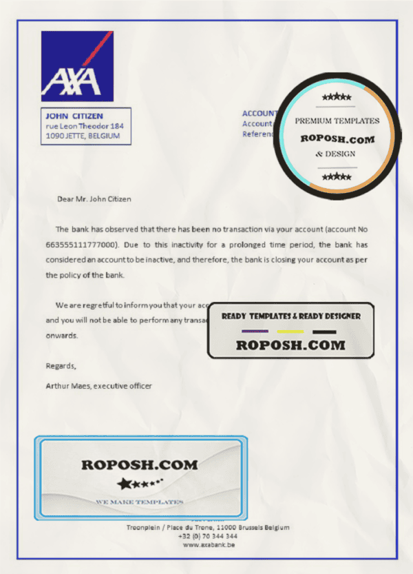 Belgium AXA bank account closure reference letter template in Word and PDF format