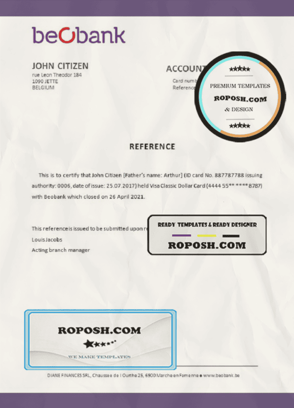 Belgium Beobank account closure reference letter template in Word and PDF format