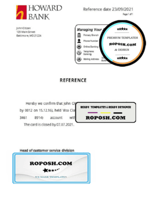 USA Howard Bank bank account closure reference letter template in Word and PDF format