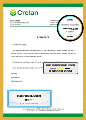 Belgium Crelan bank account closure reference letter template in Word and PDF format