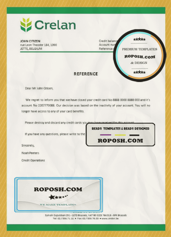 Belgium Crelan bank account closure reference letter template in Word and PDF format