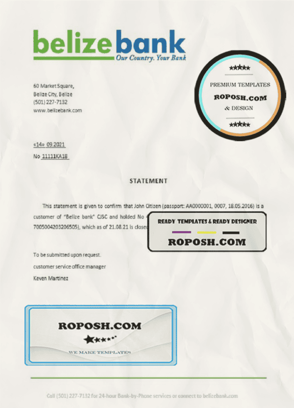 Belize Belizebank bank account closure reference letter template in Word and PDF format