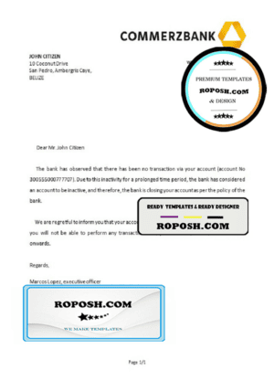 Belize Commerzbank bank account closure reference letter template in Word and PDF format