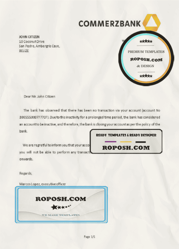 Belize Commerzbank bank account closure reference letter template in Word and PDF format