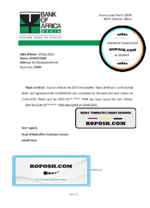 Benin Bank of Africa bank account closure reference letter template in Word and PDF format