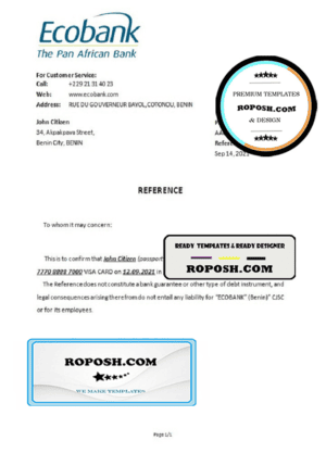 Benin Ecobank bank account closure reference letter template in Word and PDF format