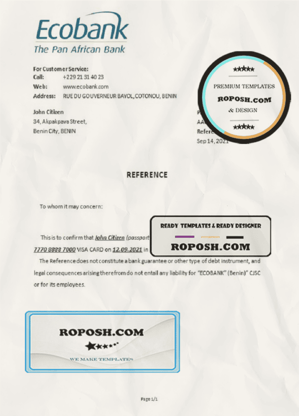 Benin Ecobank bank account closure reference letter template in Word and PDF format