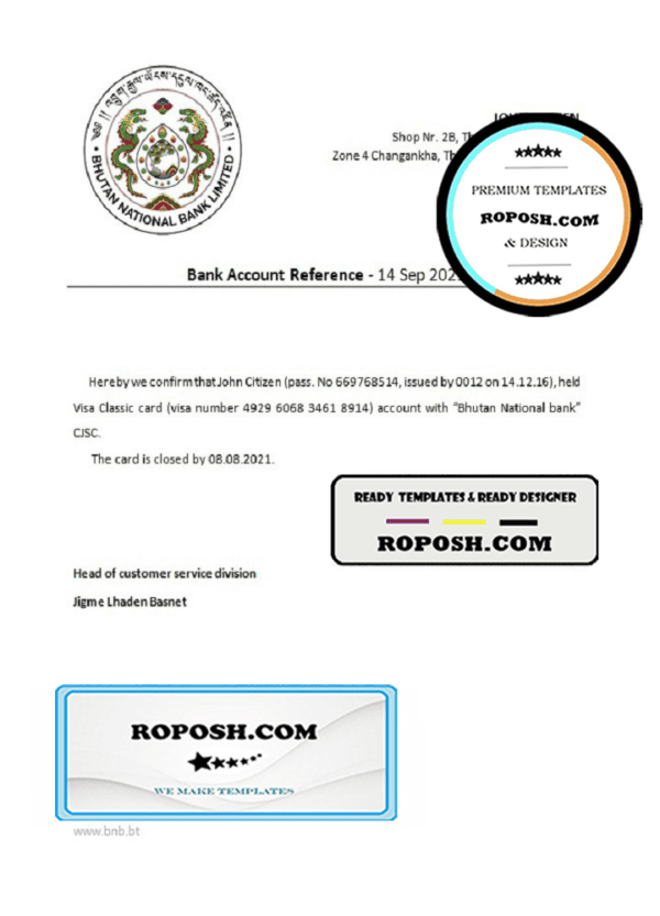 Bhutan National Bank account closure reference letter template in Word and PDF format