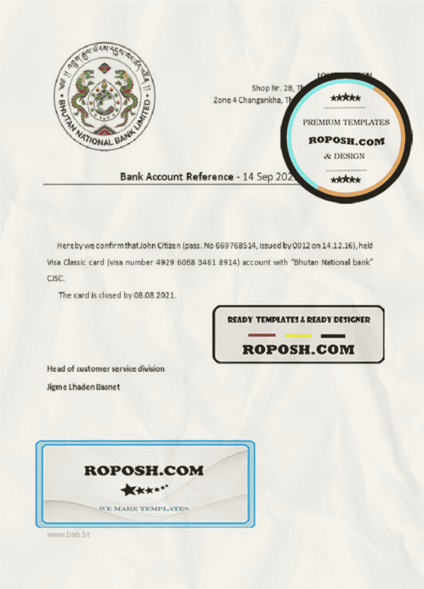 Bhutan National Bank account closure reference letter template in Word and PDF format