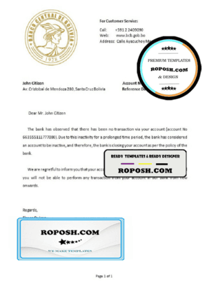 Bolivia Banco Central de Bolivia bank account closure reference letter template in Word and PDF format
