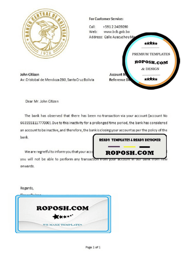 Bolivia Banco Central de Bolivia bank account closure reference letter template in Word and PDF format