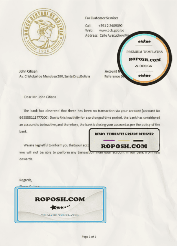 Bolivia Banco Central de Bolivia bank account closure reference letter template in Word and PDF format