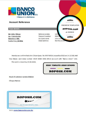 Bolivia Banco Union bank account closure reference letter template in Word and PDF format