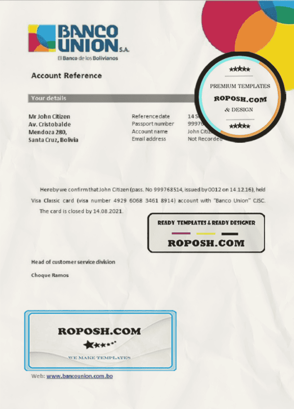 Bolivia Banco Union bank account closure reference letter template in Word and PDF format