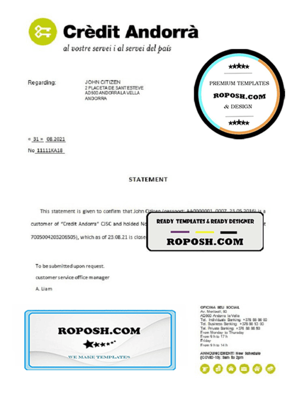 Andorra Credit Andorra bank account closure reference letter template in Word and PDF format