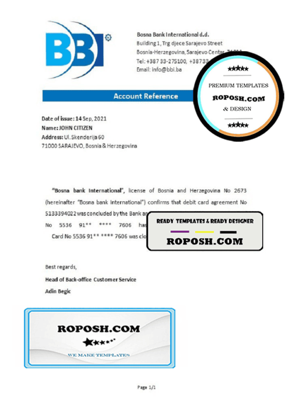 Bosnia and Herzegovina Bosna Bank International bank account closure reference letter template in Word and PDF format
