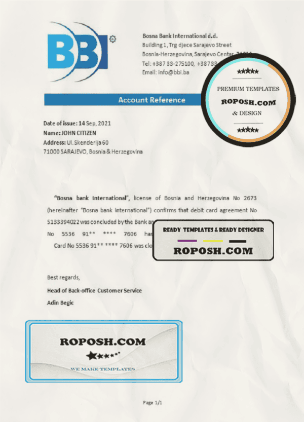 Bosnia and Herzegovina Bosna Bank International bank account closure reference letter template in Word and PDF format