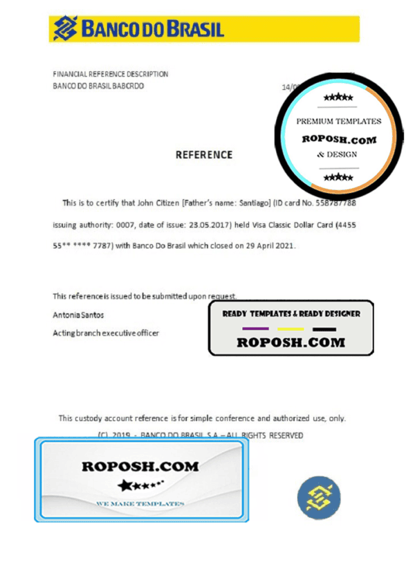 Brazil Banco do Brasil bank account closure reference letter template in Word and PDF format