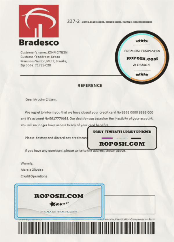 Brazil Bradesco bank account closure reference letter template in Word and PDF format