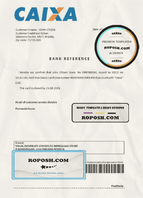 Brazil Caixa bank account closure reference letter template in Word and PDF format