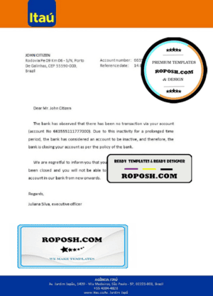Brazil Itau bank account closure reference letter template in Word and PDF format