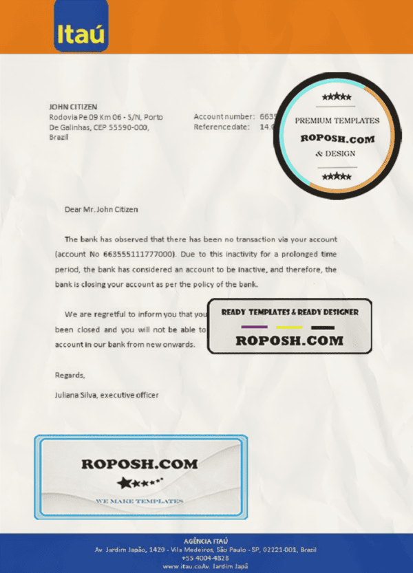 Brazil Itau bank account closure reference letter template in Word and PDF format
