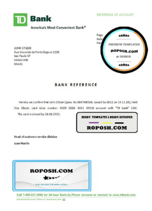Brazil TD bank account closure reference letter template in Word and PDF format
