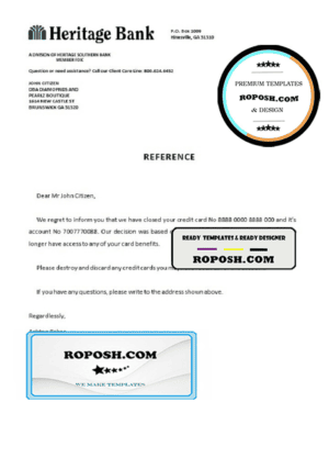 USA Heritage Bank bank account closure reference letter template in Word and PDF format