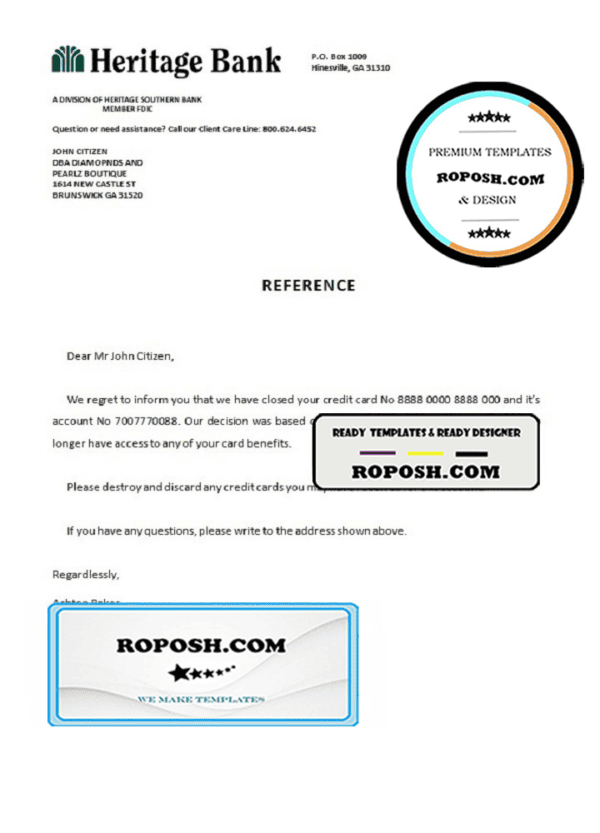 USA Heritage Bank bank account closure reference letter template in Word and PDF format