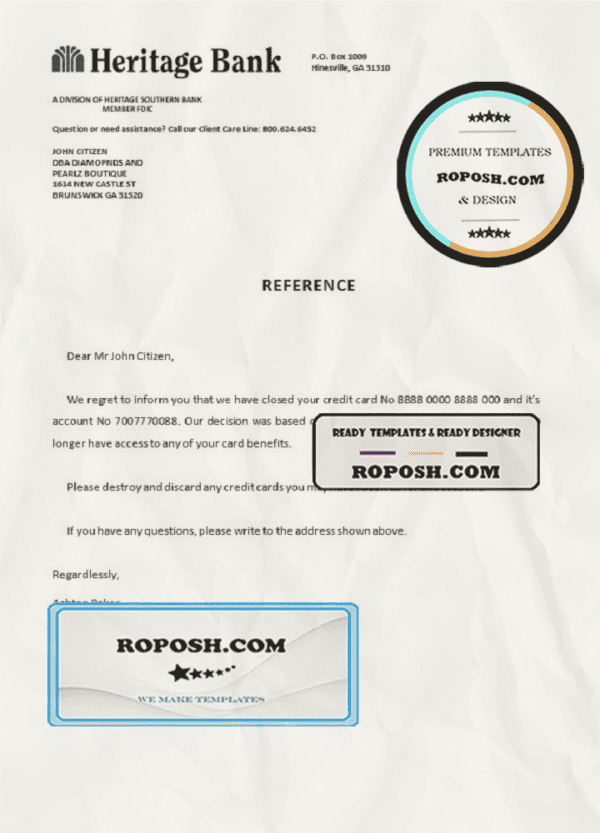 USA Heritage Bank bank account closure reference letter template in Word and PDF format